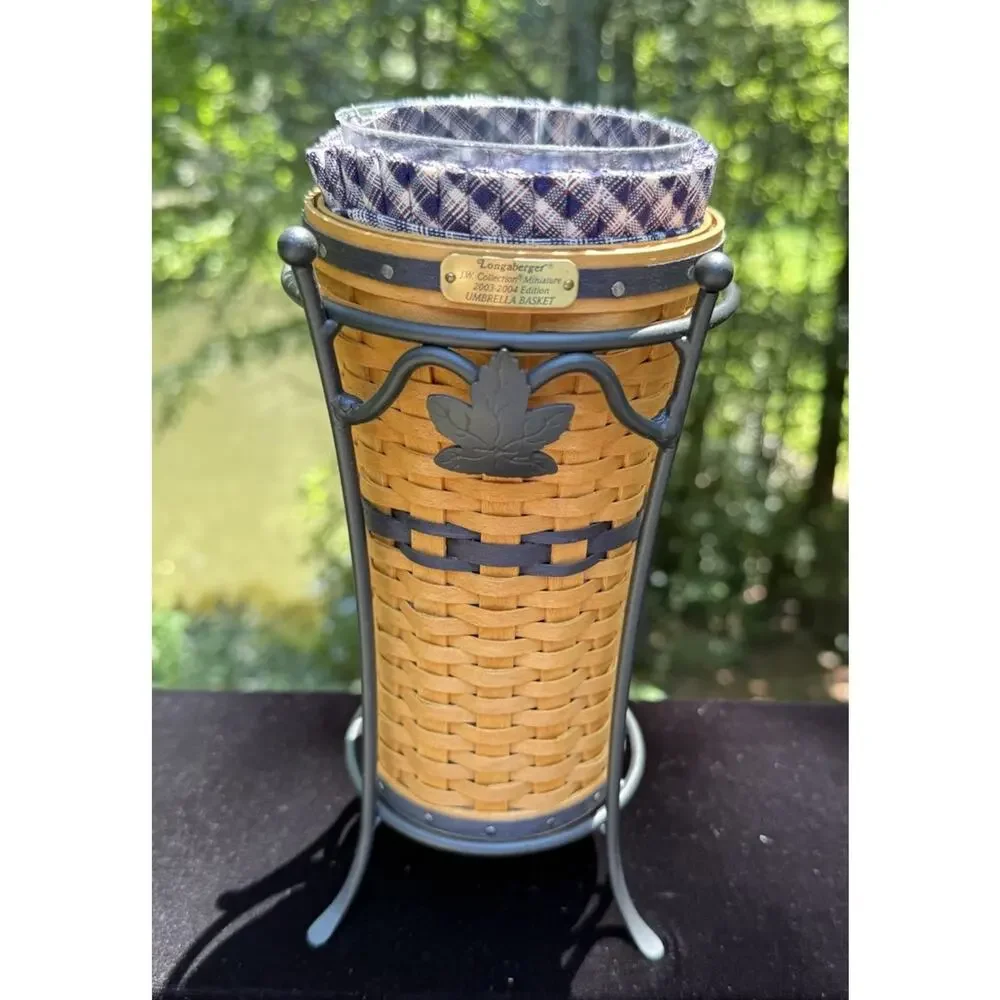 Longaberger CC J.W. Mini Umbrella Basket w Prot Liner Wrought Iron Stand Mint!